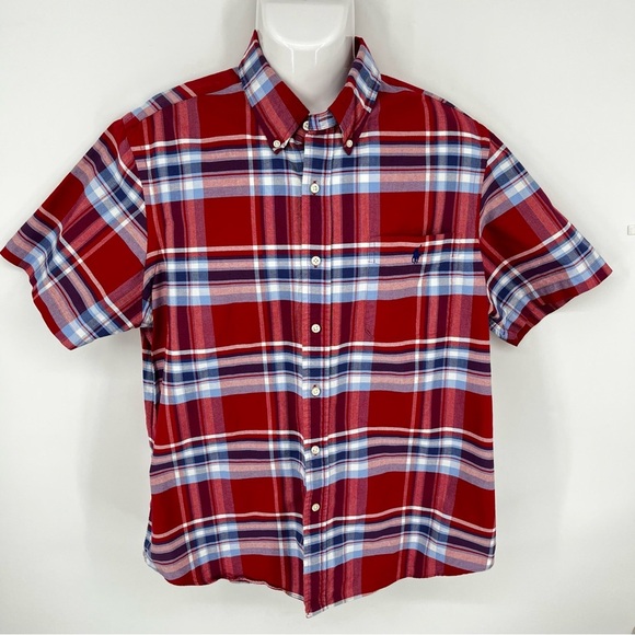 RALPH LAUREN Classic Fit Short Sleeve Button Down Cotton Red Blue Plaid XL - Picture 1 of 9